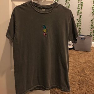 grey t-shirt, smiley faces